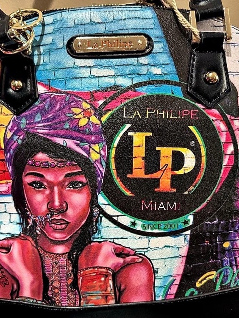 La Philipe Miami Beach Satchel Handbag Multicolor & Black